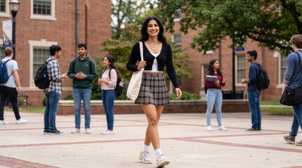 Fototapeta premium Happy Indian Gen Z College Student Walking Across University Campus in Trendy Preppy Street Style Outfit