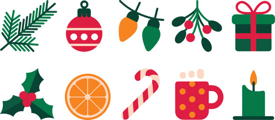 Cute Christmas holiday vector icon set with flat cartoon gift box candy cane ornaments holly berry lights orange slice and mug isolated on white background © Josna