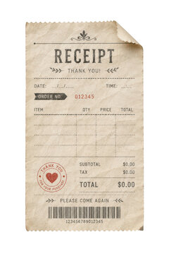 Vintage receipt template with crumpled paper texture isolated on transparent background