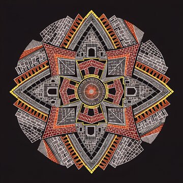 Symmetrical geometric mandala with star layers triangular rectangular shapes red orange yellow gray black brick lattice textures precise symmetry decorative cultural art generated ai