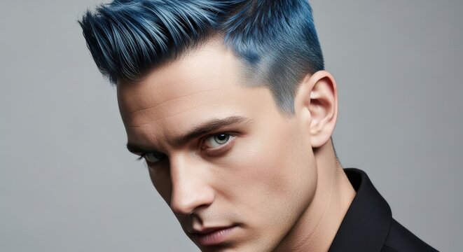 portrait of a young man with a stylish fade haircut dyed in metallic blue on a grey background