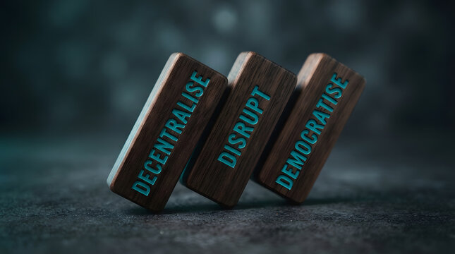 Wooden Blocks with Decentralise Disrupt Democratise Glowing Text | Business Strategy and Digital Innovation Concept | Blockchain Web3 Technology Development | Future of Corporate Governance Model