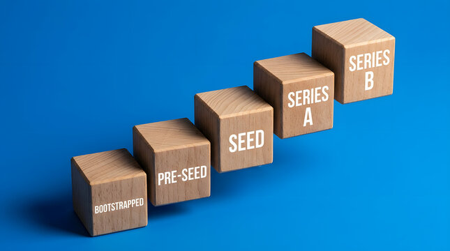 Startup Funding Stages on Wooden Blocks over Blue Background | Business Growth and Venture Capital Investment Concept | Bootstrapped Pre-Seed Seed Series A and Series B Progression Stages