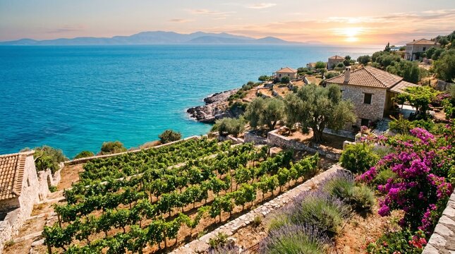 Coastal vineyard at sunset with terraced grapevines stone walls olive trees stone house purple bougainvillea calm sea distant mountains and golden Mediterranean sky generated ai