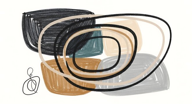 Abstract scribble art with layered circles and textured shapes, abstract