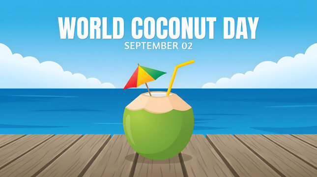 World Coconut Day Celebration: Refreshing Coconut Drink on Wooden Pier by the Sea