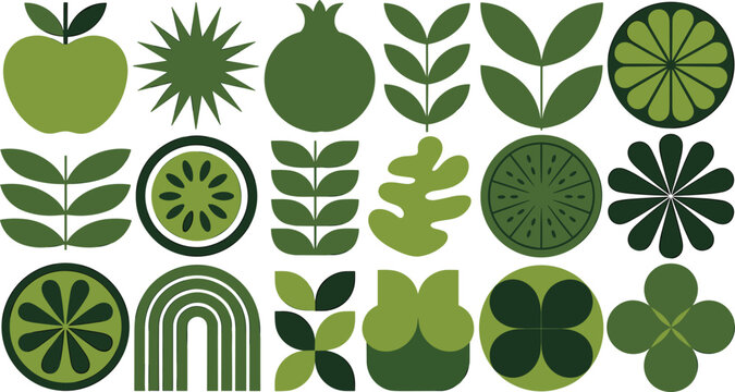 Green organic abstract geometric shape vector set featuring minimalist apple lime botanical leaves and fruit slice icons isolated on white background
