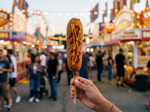 A hand holding a freshly fried corn dog with ketchup and mustard at a lively carnival.