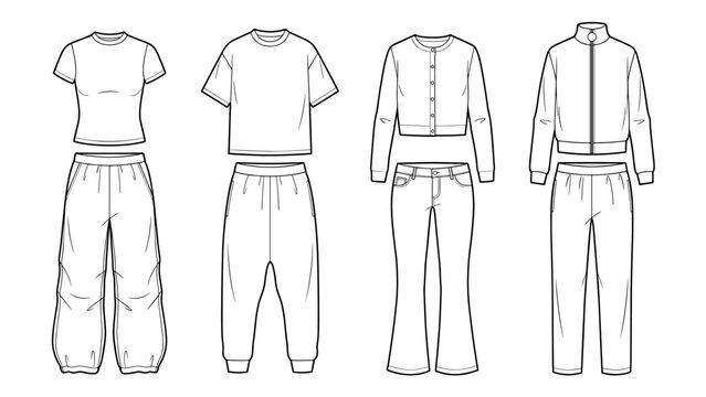 casual jogger set flat sketch vector illustration t-shirt and baggy pants technical cad drawing template transparent background