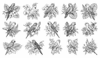 Vintage Hand Drawn Parrot Collection Set with Tropical Leaves and Flowers Engraving Style Botanical Bird Illustration Bundle © MdShagarAli
