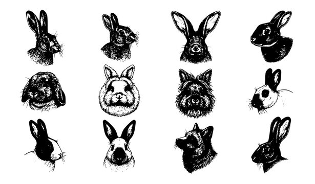 Rabbit and Hare Head Illustration Set Hand Drawn Realistic Sketch Collection with Different Breeds and Poses