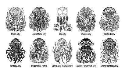 Jellyfish Species Coloring Page Collection with Moon Lion's Mane Box and Crystal Jelly Ocean Illustration Set © MdShagarAli