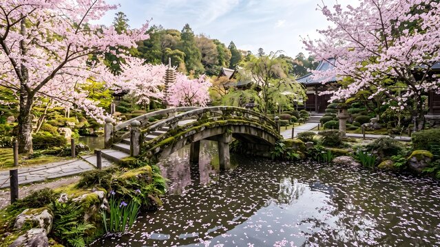 The Petal-Bridge Crossing: A Spring Reflection in the Temple Garden