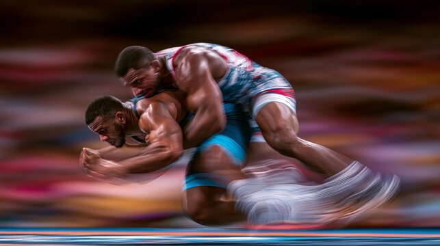 Two muscular wrestlers locked in intense combat on the mat with motion blur