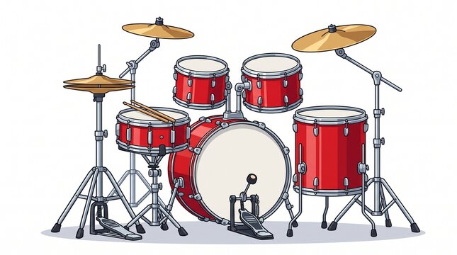 Red acoustic drum kit vector illustration with cymbals, snare, and drumsticks isolated on white background