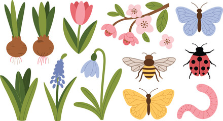 Cute spring garden vector element set with hand drawn cartoon flowers flower bulbs butterflies bee ladybug and worm isolated on white background © Josna
