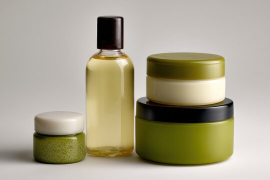 Natural organic skincare set featuring amber oil glass bottle and green cosmetic cream jars skincare cosmetics wellness moisturizer treatment packaging sustainable container minimalist