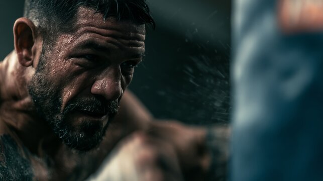 Intense boxer training hard, sweating profusely while hitting a punching bag