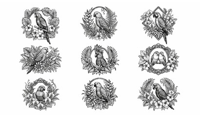 Parrot Emblem Vector Collection Vintage Botanical Wreath Frame Design with Flowers Leaves and Tropical Foliage Illustration Set © MdShagarAli