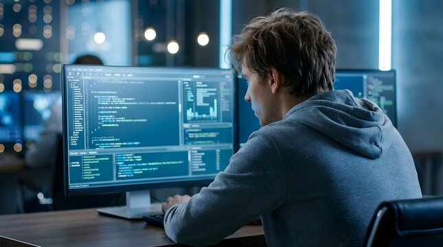 Focused young software developer writing complex computer code on a large monitor screen during a late night office work shift