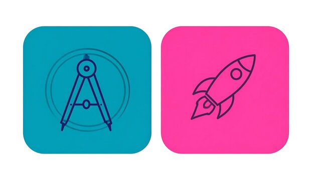 Minimalist Engineering Compass and Rocket Launch Icon Set.