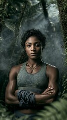 Obraz premium Strong woman in a tropical forest with an intense expression and athletic wear