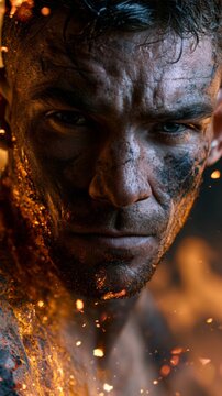 Intense close-up of a man's face covered in dirt and glowing embers