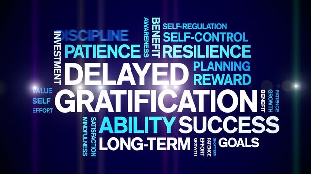 Delayed Gratification animated word cloud-text design animation tag kinetic typography seamless loop.