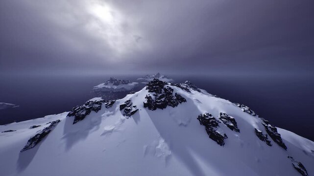 snow covered ridge at dusky light, low sun glow and cool shadows define jagged rocks and coastal drop, drone vantage suggesting exploration and mapping mission.