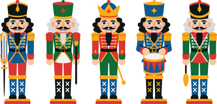 Traditional Christmas nutcracker toy soldier vector character set with colorful vintage wooden uniform figures for winter holiday decorations isolated on white background