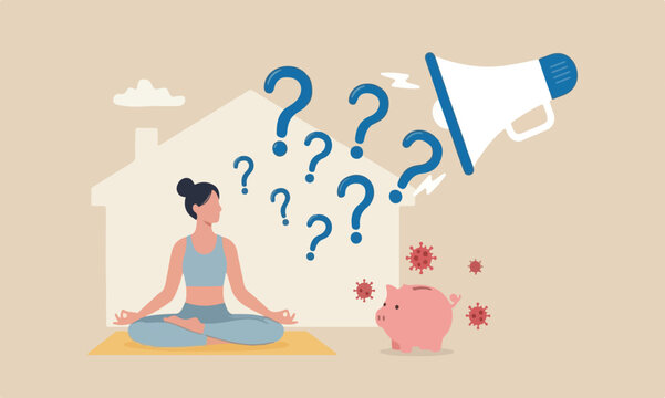 Stay calm at piggy yoga in social distancing self isolation in COVID-19 Coronavirus outbreak lockdown concept, woman meditate and yoga at home to stay calm, COVID-19 virus around