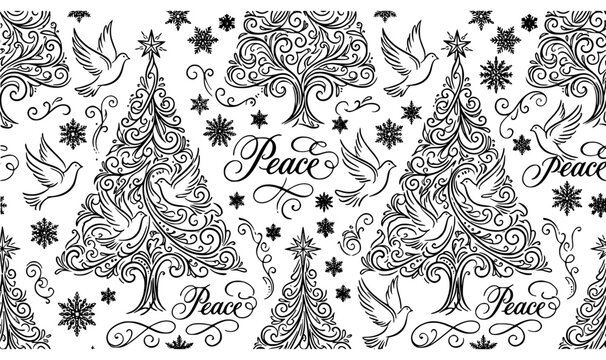 Elegant calligraphic Christmas tree seamless pattern with peace script typography dove birds and line snowflakes vector
