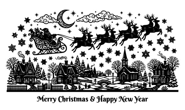 Intricate papercut style Christmas silhouette vector with Santa sleigh reindeer gifts and decorative snowy village