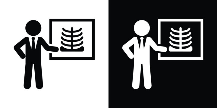 Medical professional in suit presenting a chest rib cage X-ray scan, black and white icon set.