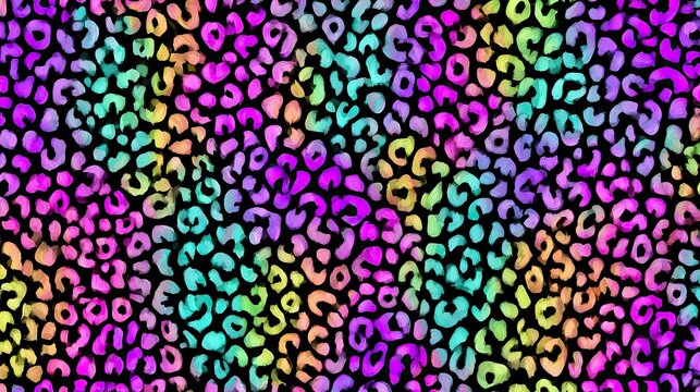 Vibrant rainbow-hued leopard print pattern against a dark background