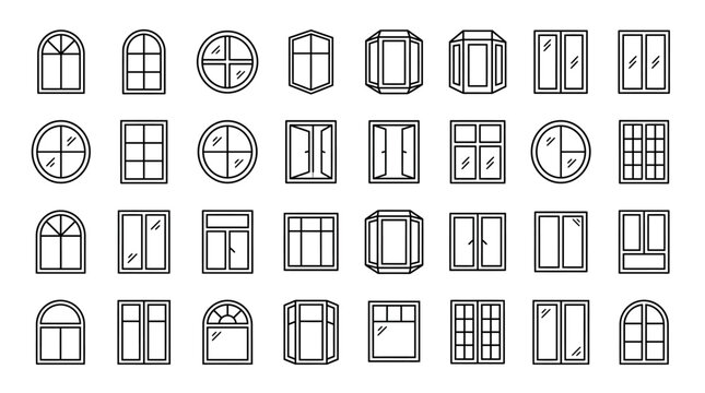 A comprehensive collection of grayscale architectural window icons in vector line art, featuring diverse shapes, styles, and pane patterns for design and UI projects