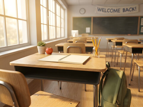 Warm morning light illuminates an inviting, empty classroom with student desks, a blackboard, and a "WELCOME BACK!" banner.