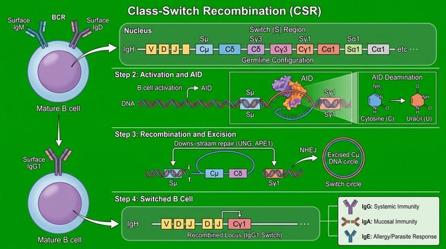 Scientific diagram illustrating B cell class switch recombination process in immunology