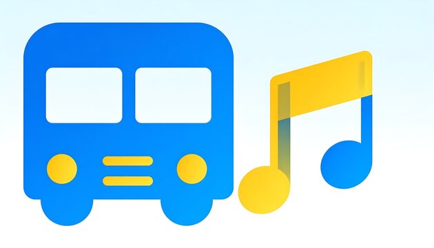 Minimalist flat icon of a blue bus and musical note symbol.