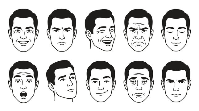 Set of simple line art faces showing various emotions, from joy and surprise to anger and sadness, simple vector icons