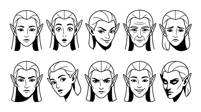 Set of ten elf character portraits with various facial expressions and emotions, simple black and white outline style, suitable for game
