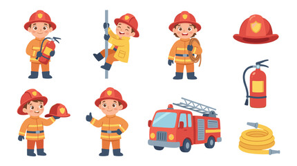 Fototapeta premium Collection of cartoon firefighters, fire truck, and equipment, children's characters, illustration for kids, vector graphic