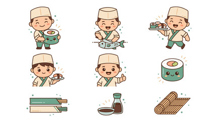 Fototapeta premium Cute sushi chef collection with different poses, serving sushi, holding ingredients, and preparing food, cheerful and playful style with kawaii