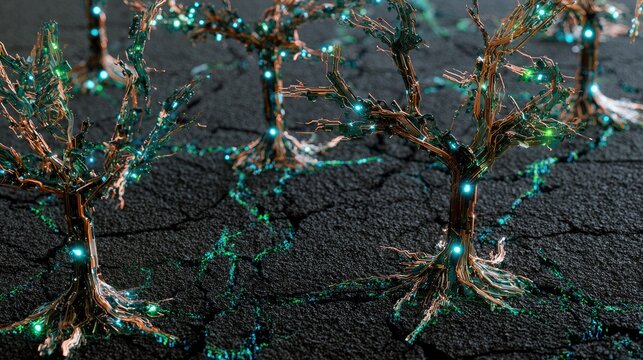 Close-up of glowing roots and branches intertwined in cracked earth