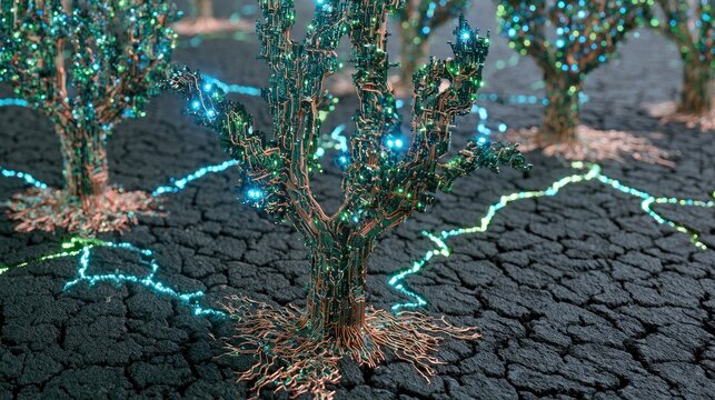 Futuristic metallic trees with glowing circuits on cracked arid ground