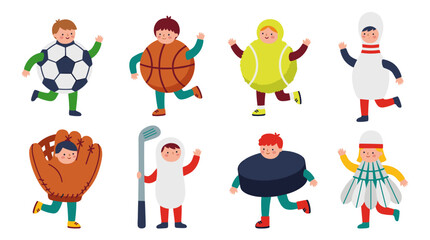 Fototapeta premium Children in pixelated sports costumes including soccer ball, basketball, tennis ball, bowling pin, baseball glove, golf club, and badminton