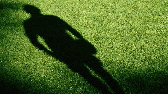 A lone figure's long shadow stretches across a vibrant green, sunlit lawn