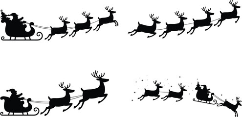 Santa Claus sleigh and flying reindeer silhouettes vector icon set for christmas holidays isolated on white background © RAFIQUL