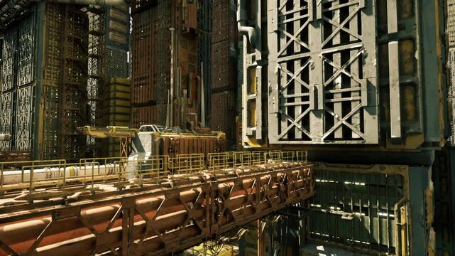 tiered urban scaffolding and skybridges rising through vertical city, stacked platforms and balconies create monumental scale, maintenance pathways and transit