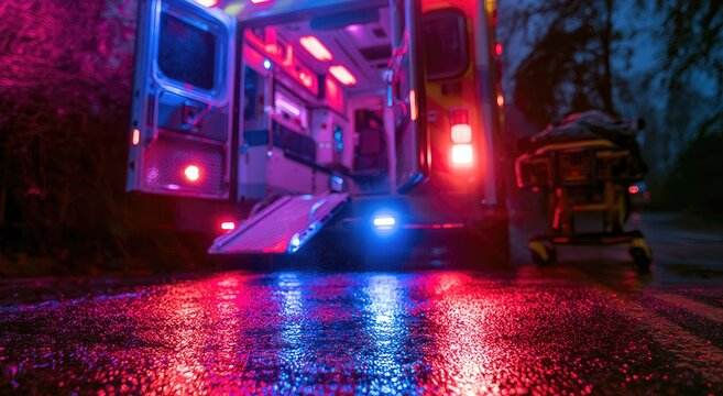 Emergency vehicle with flashing lights, stretcher, and wet road reflection